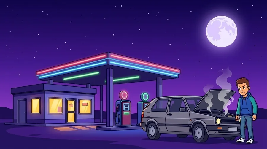 Comic scene at Joe's Gas