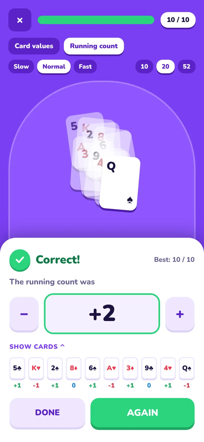 Running count drill, checked card by card